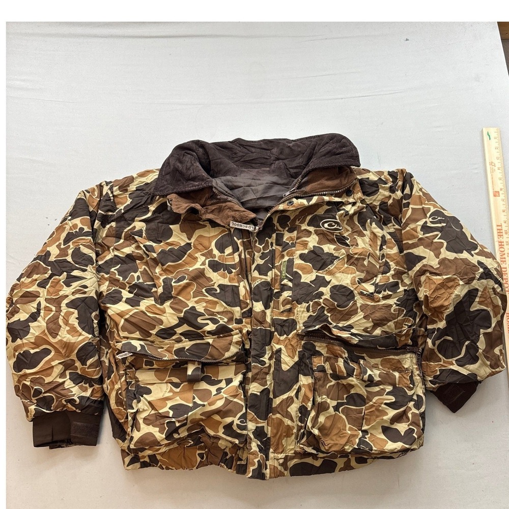 Drake Waterfowl Old School Camo Hunting Jacket Mens Large Brown Tan Full Zip